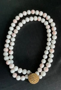 Vintage Milk Glass Faux Angel Skin Coral Bead Necklace Hand Knotted Two Strands - Picture 1 of 13