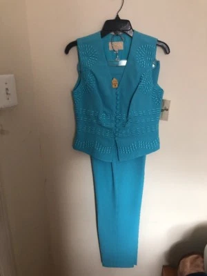 Alberto Makali Embroidered Vest Pants Suit Set Blue Color Size 6 Made In USA - Image 1 of 4