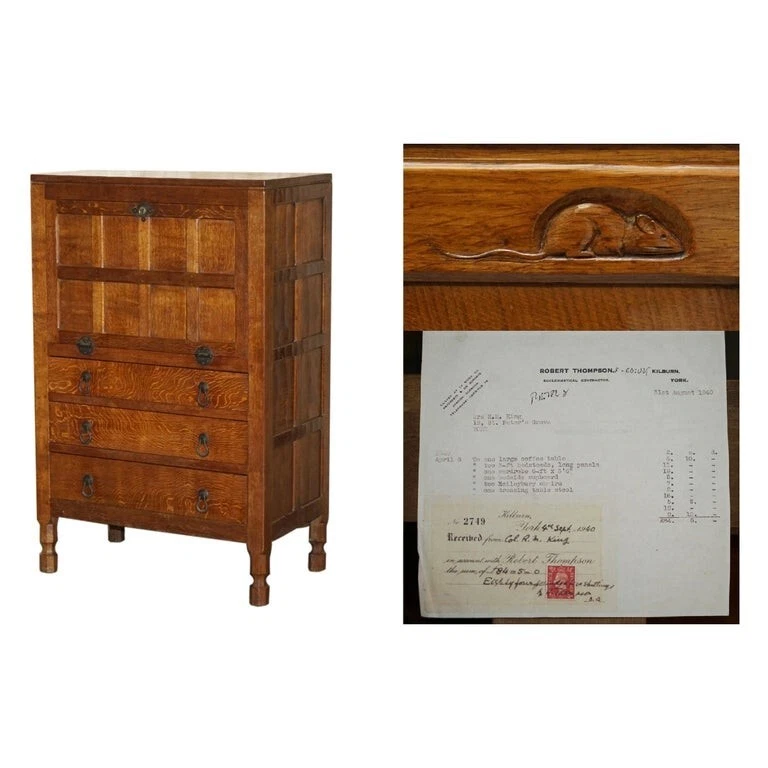 COLLECTABLE 1940'S ROBERT MOUSEMAN THOMPSON BUREAU DESK DRAWERS ORIGINAL RECEIPT — 第 1/4 张图片