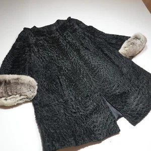Vintage Black Persian Lamb Fur Swing Coat with Mink Trim 50's 60's Womens L/XL** - Picture 1 of 14