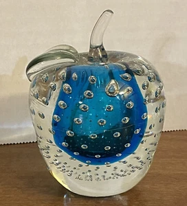 Art Glass Apple Paperweight Clear Cobalt Blue Cased Bullicante Controlled Bubble - Picture 1 of 4