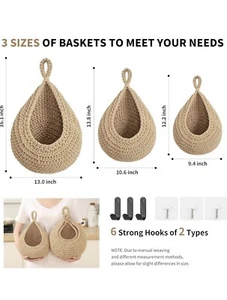 Kitchen Boho Wall Hanging Fruit Baskets with 6 Pcs Strong Hooks Handwoven 3 Pack - Picture 1 of 3