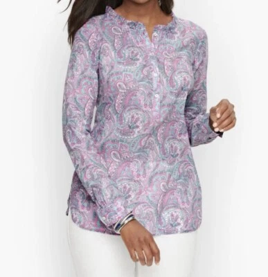 Blusa Talbots Popover Paisley Plissada com Babado Tamanho M Algodão Rosa Azul Multi - Imagem 1 de 4