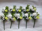 10 white rose wedding buttonhole/rustic berry/gypsophilia/foliage/lime green