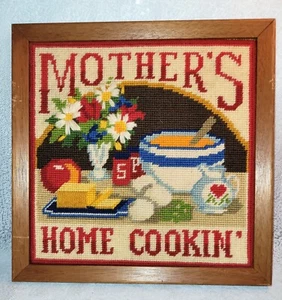 VINTAGE Crewel Embroidery Needlepoint Finished Framed MOTHER'S HOME COOKIN' - Picture 1 of 11