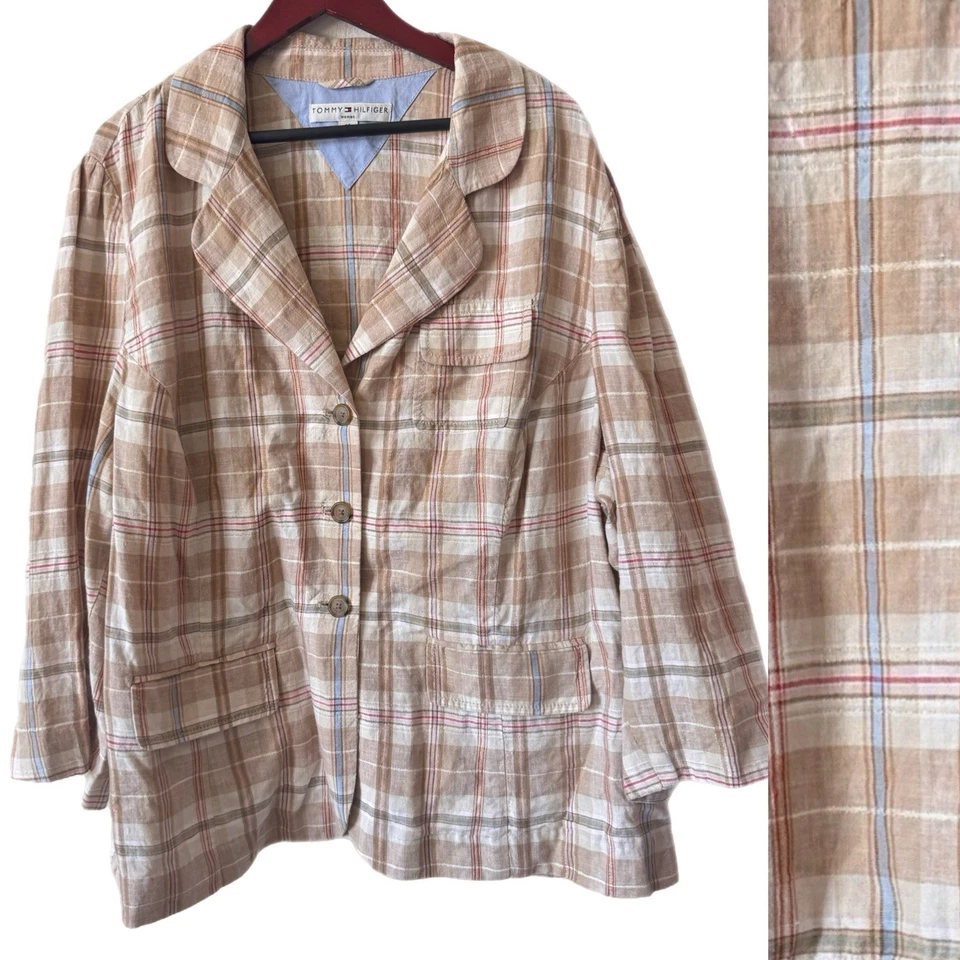 Tommy Hilfiger Blazer Chaqueta Lino Bolsillos a Cuadros Academia Vacaciones Playa Talla 24 Foto 1 de 4