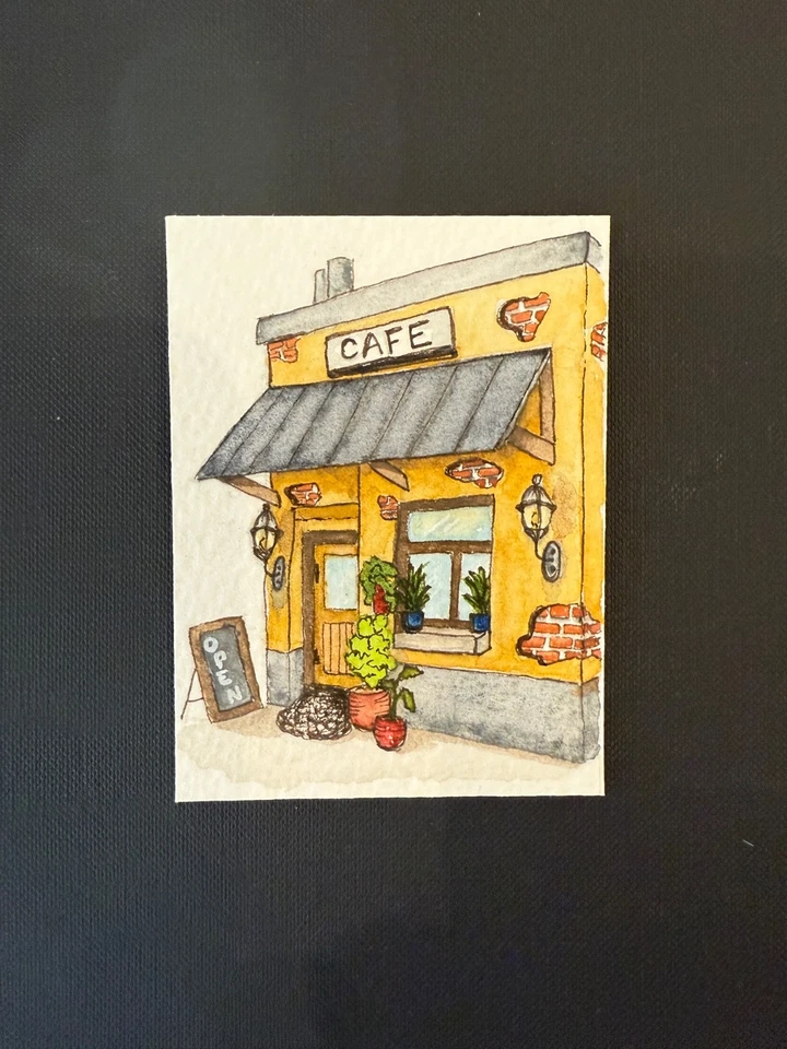 Tarjeta de arte firmada ACEO Original Acuarela Caprichosa - Cafetería Cafetería Foto 1 de 1