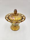 Vintage Indiana Marigold Carnival Glass Lidded Candy Dish With Lace Rim
