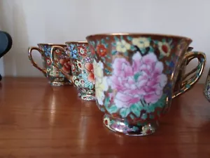 Vintage Porcelain tea cups and lidded sugar hand painted flowers gold china - Picture 1 of 12