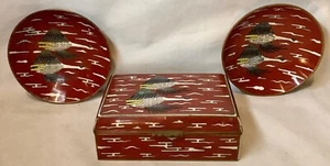 Vintage Cloisonne Enamel Brass Lidded Box & 2 Trinket Dishes Flying Geese China - Picture 1 of 10