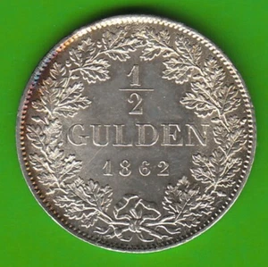 Baden 1/2 Gulden 1862 Nearly Uncirculated Small Mint Error Nswleipzig - Picture 1 of 2