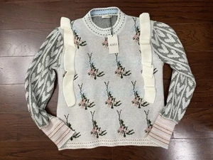 SUNDAY UP Anthropologie Cottagecore Ruffle Puff Sleeves Flowers Sweater S NWT - Picture 1 of 6