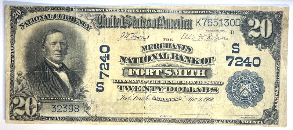 1914 $20 LA CIUDAD BANCO NACIONAL DE FORT SMITH, AR, MONEDA NACIONAL K 765130D Foto 1 de 2