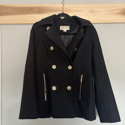 Cappotto donna Michael Kors misto lana pea nero oro bottoni zip tasche taglia 6