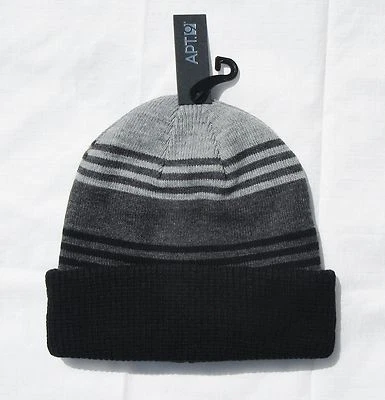 NWT MEN'S ONE SIZE APT. 9 REVERSIBLE GRAY & BLACK STRIPED KNIT BEANIE CAP HAT - Image 1 of 4