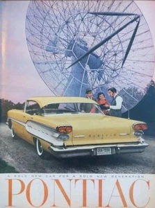 1958 vintage Yellow Pontiac print ad Large Satellite Dish In Backdrop - Picture 1 of 1