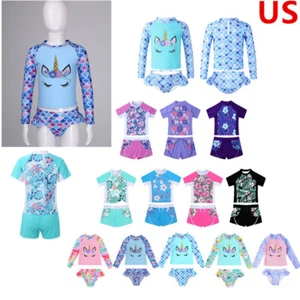 Girls 2 Piece Swimming Costume Short Sleeve Floral Print Rash Guard Swimsuit - Picture 1 of 52