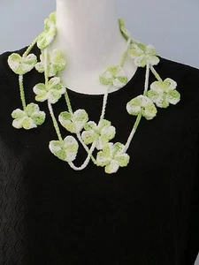 New Handmade Crochet Green Forget Me Not Flower Hearts Scarf Necklace Lariat - Picture 1 of 5