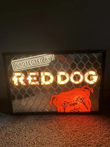 Large red dog beer sign 32x22” Excellent Cond Protected By Red Dog Behind Fence - Picture 1 of 15