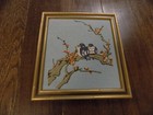 Vtg Gold Framed Crewel Wool Needlepoint 2 Fat Blue Birds on flowered Branch EUC