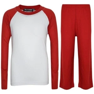 Kids Girls Boys Pyjamas Designer Plain Red Contrast Sleeve Nightwear PJS 2-13 Yr - Picture 1 of 4