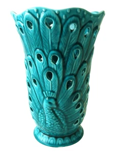 New~Footed~PEACOCK~10"x6.5"~CERAMIC~Pierced~VASE~Open Bottom~TURQUOISE~Nightlite - Picture 1 of 16