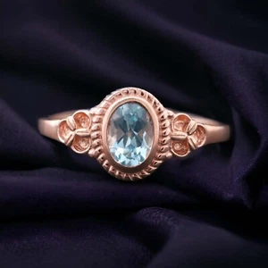 925 Sterling Silver 8x6 mm Oval Shape Natural Aquamarine Ring Bezel Set Ring - Picture 1 of 7