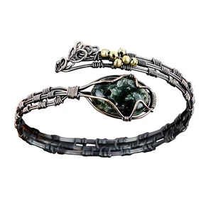 Copper Oval Seraphinite Stone Elegant Wife Wire Wrapped Wedding Bangle Bracelet - Picture 1 of 13
