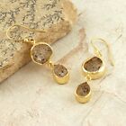 Raw Black Rutile Gold Plated Drop Dangle Earring, Double Stone Earring For Her