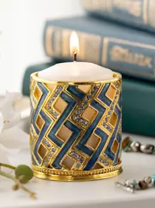 Keren Kopal Golden Metal Round Blue Candle Holder Decorated &Austrian Crystals - Picture 1 of 10