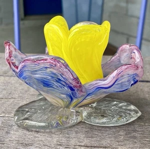 Italienischer Kerzenständer Murano 60er Jahre Kunstglas Blume, rosa weiß blau gelb - Bild 1 von 8