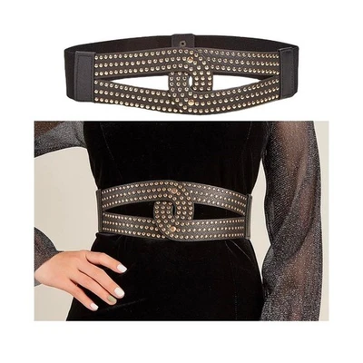 Women Elastic Wide Studded Belt Black Leather Gold Studs Fashion Accessory - Image 1 of 4