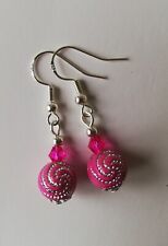 Drop / Dangle Earrings - Hot Pink Swirl Beads - Silver Plated
