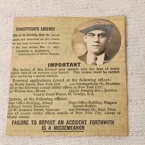 Vintage Chauffeur License Driver 1937 NY New York Paper - Picture 1 of 2