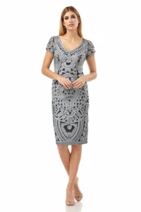 JS COLLECTIONS Navy Blue Cloud Ornate Soutache Ribbon Lace V-Neck Dress 8 M - Picture 1 of 2