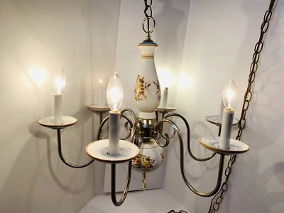 Mid Century Porcelain Ceramic Brass Chandelier  Pendant Light Yellow Roses 6 Arm - Image 1 of 4