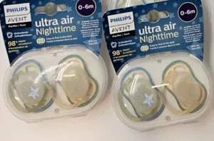 2 Packs of 2 Philips Avent 0-6M Ultra Air Nighttime Glowing Pacifier - Picture 1 of 2