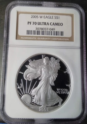 :2005-W S$1 AMERICAN EAGLE 1 OZ NGC PF 70 UC ULTRA CAMEO TOP POP HIGHEST GRADES - Image 1 of 2