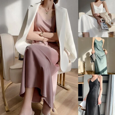 Ladies Suspender Long Dress Satin V Neck Sexy Solid Color Backless Nightgown - Image 1 of 4