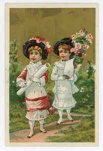 Victorian Trade Card Children with Scroll Flowers Unbranded 4.5in x 3in - Picture 1 of 2