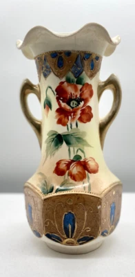 Art Nouveau Nippon Style Twin Handle Vase Hand Painted Poppy Motif - image 1 of 4