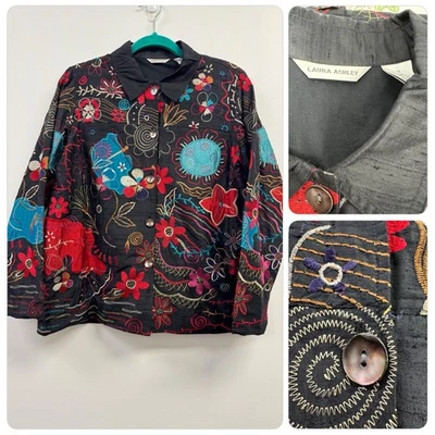 Blusa Chaqueta Laura Ashley 100% Seda Bordada Floral Abotonada Talla Grande Foto 1 de 4