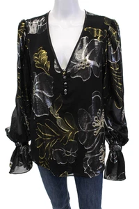 Trina Turk Women's V-Neck Long Sleeves Metallic Floral Blouse Black Size L - Picture 1 of 5