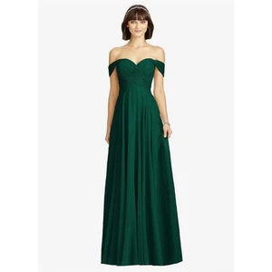 Dessy Collection New 2970 Off The Shoulder Draped Maxi Gown Dress Hunter 0 Reg - Picture 1 of 12