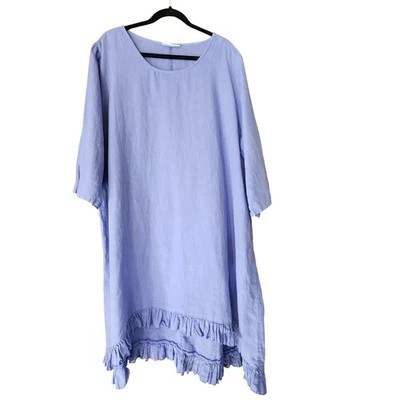 Bryn Walker 连衣裙女式 XL 亚麻荷叶边高低下摆 Lagenlook 紫色美国制造 — 第 1/4 张图片