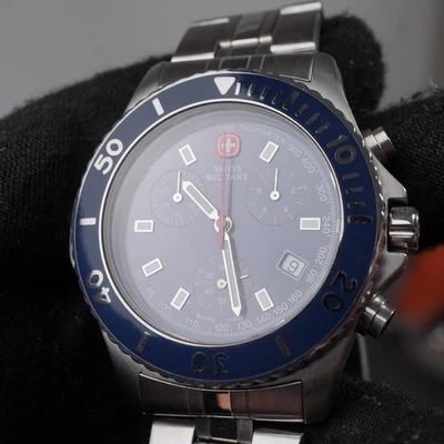 Swiss Milirary chronograph watch rotating bezel 537.1675 100M 42mm blue steel - Image 1 of 4