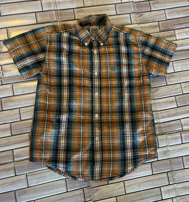 Camisa Cinch meninos M western cowboy xadrez azul laranja manga curta botão de rodeio - Imagem 1 de 4