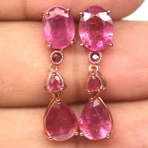925 Sterling Silver Red Pink Ruby Earrings Rose Gold Coated - Picture 1 of 4