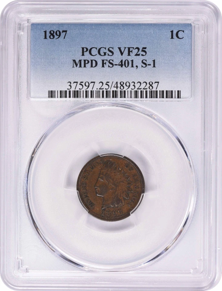 1897 Indian Cent 1 in Throat S-1 MPD FS-401 VF25 PCGS - Image 1 of 2