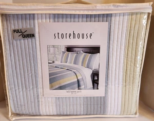 NWT Quilted Bedspread Soft Blue Lime White Full Queen Striped Cotton Blend - Picture 1 of 5